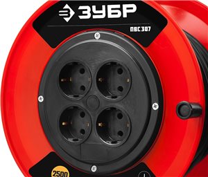 Удлинитель ЗУБР "ПВС 307" на катушке, ПВС 3х0.75кв мм, 4 гнезда, макс мощн 2500Вт, 30м