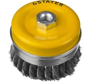 Щетка STAYER "PROFESSIONAL" чашечная для УШМ, жгутиро стальная латунированная проволока 0,3мм, 100мм