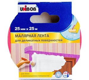 Скотч малярный UNIBOB для деликатных поверхностей, 25мм х 25м розовый
