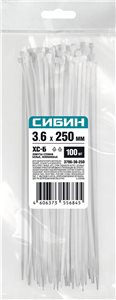 Хомут Сибин 3,6х250 нейлон, белый (100 шт)
