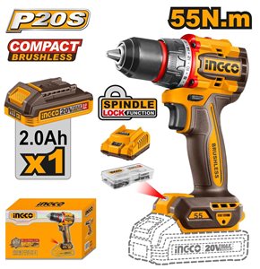 Безщеточный шуруповерт 55 Нм INGCO 20В 2 Ah Li-ion CDLI205582